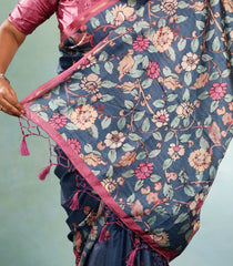 Indigo Printed Synthetic Tussar Silk Saree With Zari Border-SY0062