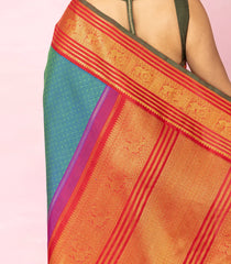 Cyan Handloom Korvai Kanchipuram Silk Saree With Threadwork Motifs-KA16097