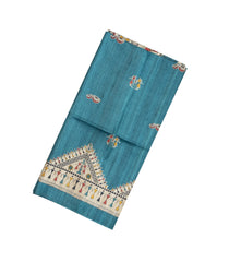 Cyan Handloom Tussar Silk Saree With Printed Tribal Motifs-TU2612