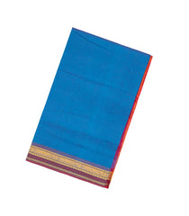 Blue Handloom Silk Cotton Saree With Stripes & Contrast Border-SC3696