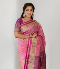 Baby Pink Woven Art Tussar Silk Saree With Printed Floral Motifs-BL3919