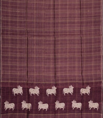 Burgundy Printed Tussar Silk Saree With Checks & Printed Pallu-TU3673