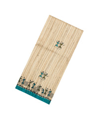 Beige Printed Tussar Silk Saree With Cyan Tribal Motifs & Contrast Border-TU3777