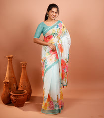 White Printed Synthetic Linen Saree With Floral Motifs & Contrast Border-SY0493