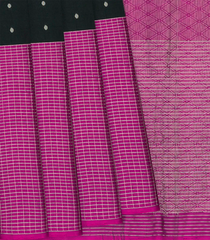 Black Handloom Soft Silk Saree With Coin Motifs & Checked Magenta Border-Black