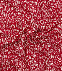 Red Printed Jaipur Cotton Saree With Printed Tribal Motifs-JC1773