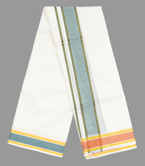 Cream 9 x 5 Cotton Dhoti With Red And Green Zari Thread Border-CD1513