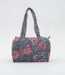 Cyan Handmade Duffle Bag With Printed Motifs With Zipper (9"H X 14"W X 7"D)-ACS1049