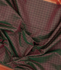 Brown Handloom Silk Cotton Saree With Checks & Contrast Border-SC4088