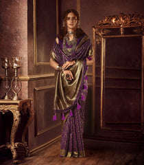 Purple Woven Blended Silk Saree With Floral Zari Motifs-BL4154