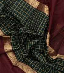 Bottle Green Handloom Muppagam Kanchi Cotton Saree With Checks-KC1749