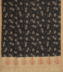 Black Woven Tussar Silk Saree With Printed Stripes & Floral Motifs-TU3109