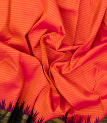 Red Handloom Korvai Kanchipuram Silk Saree With Stripes & Temple Border-KA14024