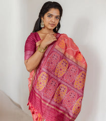 Peach Woven Art Tussar Silk Saree With Printed Animal Motifs-BL3922