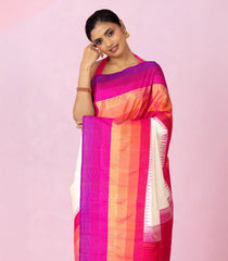 White Handloom Korvai Kanchipuram Silk Saree With Multi Colour Border-KA15869