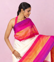 White Handloom Korvai Kanchipuram Silk Saree With Multi Colour Border-KA15869