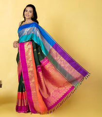 Bottle Green Handloom Korvai Kanchipuram Silk Saree With Ganga Jamuna-KA16020