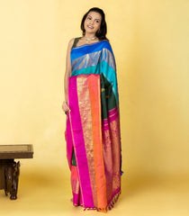 Bottle Green Handloom Korvai Kanchipuram Silk Saree With Ganga Jamuna-KA16020