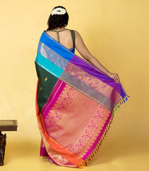 Bottle Green Handloom Korvai Kanchipuram Silk Saree With Ganga Jamuna-KA16020