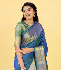 Blue Handloom Kanchipuram Silk Saree With Zari Checks & Buttas-KA16346