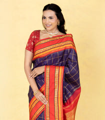 Deep Purple Handloom Korvai Kachipuram Silk Saree With Zari Checks-KA16450