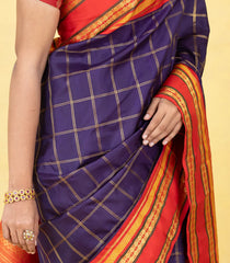 Deep Purple Handloom Korvai Kachipuram Silk Saree With Zari Checks-KA16450