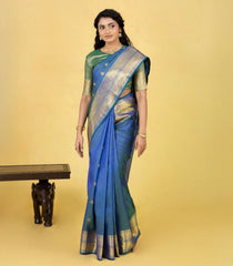 Blue Handloom Kanchipuram Silk Saree With Zari Checks & Buttas-KA16346