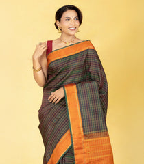 Bottle Green Handloom Kanchipuram Silk Saree With Checks & Contrast Border-KA16032
