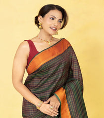 Bottle Green Handloom Kanchipuram Silk Saree With Checks & Contrast Border-KA16032