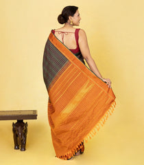 Bottle Green Handloom Kanchipuram Silk Saree With Checks & Contrast Border-KA16032