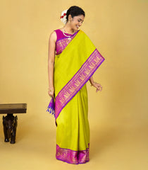 Lime Green Handloom Korvai Kanchipuram Silk Saree With Lord Ram Motifs-KA15846