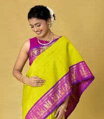Lime Green Handloom Korvai Kanchipuram Silk Saree With Lord Ram Motifs-KA15846