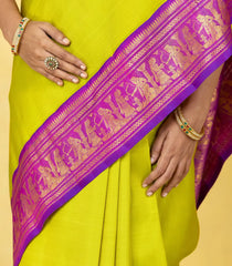 Lime Green Handloom Korvai Kanchipuram Silk Saree With Lord Ram Motifs-KA15846