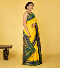 Lemon Yellow Handloom Korvai Kanchipuram Silk Saree With Teal Border-KA16342