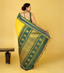Lemon Yellow Handloom Korvai Kanchipuram Silk Saree With Teal Border-KA16342