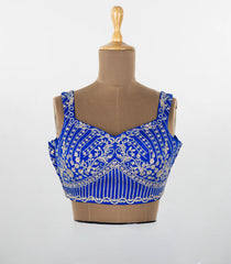 Blue Embroidered Blended Raw Silk Readymade Sleeveless Blouse RB5204