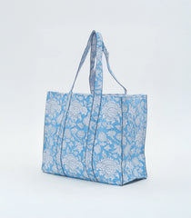 Light Blue Bagru Printed Handmade Cotton Quilted Tote Bag-ACS1031