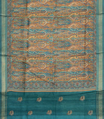 Cyan Printed Tussar Silk Saree With Printed & Embroidered Floral Motifs-TU3794