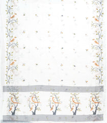 White Printed Art Linen Saree With Bird Motifs-SY0593