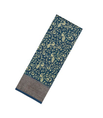 Navy Blue Printed Chanderi Cotton Saree With Bird Motifs & Zari Border-CC1656