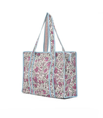 Cream Bagru Printed Handmade Cotton Quilted Tote Bag With Zipper-ACS1044