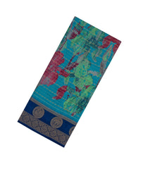 Cyan Printed Synthetics Dola with Zari Stripes & Contrast Border-BL5165