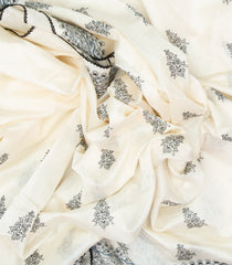 White Handloom Tussar Silk Saree With Printed Floral Motifs-TU2693