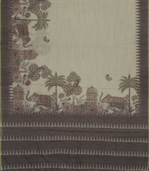 Taupe Printed Synthetic Linen Saree with Jhalar-BL5337
