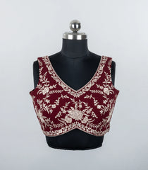 Maroon Embroidered Blended Raw Silk Readymade Sleeveless Blouse RB5203