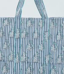 Light Blue Bagru Printed Handmade Cotton Quilted Tote Bag-ACS1027