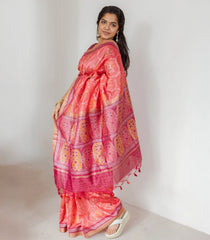 Peach Woven Art Tussar Silk Saree With Printed Animal Motifs-BL3922