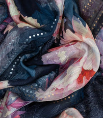 Navy Blue Woven Tussar Silk Saree With Printed Floral Motifs & Sequin Work-TU2891