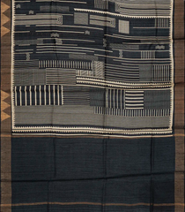 Black Handloom Tussar Silk Saree Printed With Stripe Motifs & Zari Border