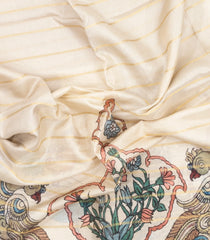 Cream Printed Synthetic Dupion Saree With Zari Stripes & Pink Border-SY0241